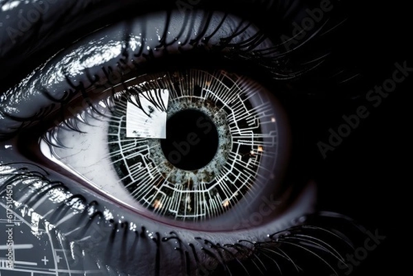 Obraz eye of the hacking, Securing the Digital Realm: A Captivating Close-Up Photograph of an IT Security Symbol Reflected in a Human Eye, Revealing the Intricacies of Protection and Privacy with Elegantly 