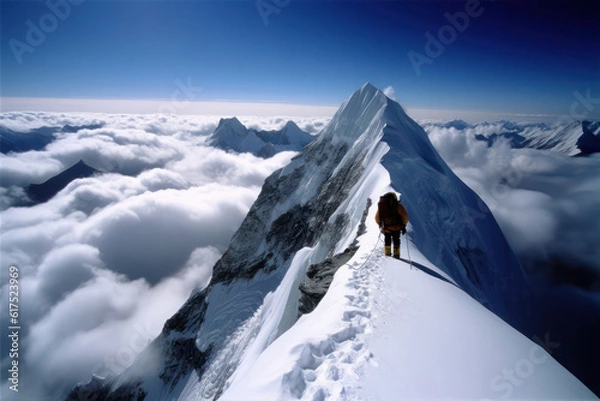Obraz A climbing expedition on Mount Everest pauses to take in the breathtaking view of the surrounding peaks
