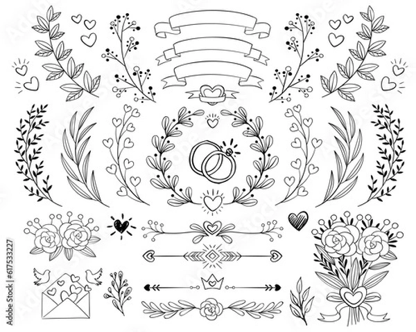 Obraz Hand Drawn Wedding Graphics Set Vector Cutting Files Marriage Love Engagement Party Hearts Doodle Ribbons Borders Wreath Floral Flower Drawing Collection Transparent Isolated Illustrator PNG JPG SVG