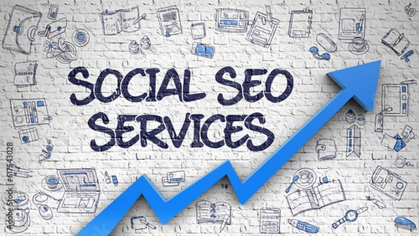 Fototapeta Social SEO Services - Modern Style Illustration with Hand Drawn Elements. Social SEO Services - Increase Concept with Doodle Icons Around on White Brickwall Background.