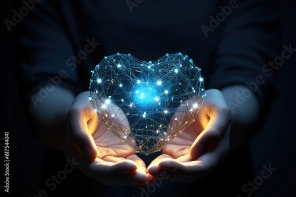 Fototapeta Blue Heart Shape Network in Hands - health data - information exchange - data visualization - love as virtual gift - generative ai	
