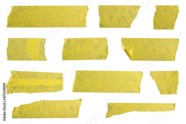 Obraz adhesive tape set collection of yellow different tapes, scratched and crumpled realistic photography png isolated on transparent background	