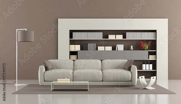 Fototapeta Modern living room with sofa and bookcase - 3d rendering