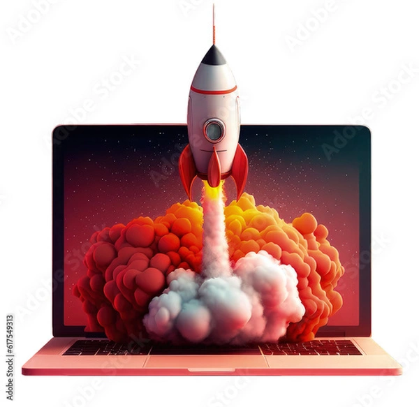 Obraz Rocket on laptop screen on PNG transparent background, startup concept, digital illustration. Generative AI