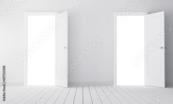 Fototapeta Two doors in empty room. 3D illustration. Choice concept