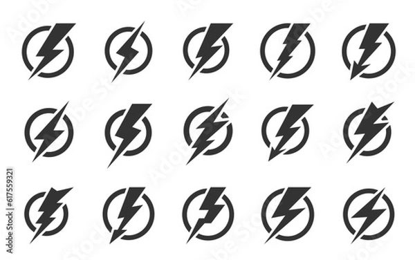 Fototapeta Thunderbolt in the circle icon set. Storm climate weather sign. Dander energy power charge symbol. Thundershock zigzag arrow. Lightning bolt flash. Thunder strike electricity black round pictogram