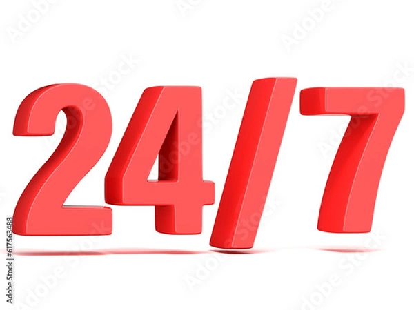Fototapeta Red 24 hours 7 days a week sign. 3D render illustration isolated on white background