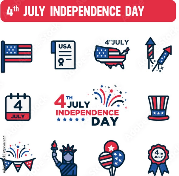 Fototapeta USA Independence Day icons. Vector set of 4th of July. Color icon design. National Holiday of the Declaration of Independence.