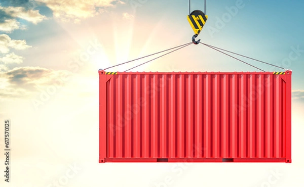 Fototapeta Crane hook and red cargo container on sky background. 3d illustration
