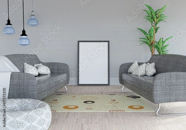 Fototapeta 3D render of a blank picture leaning against a wall in a room interior