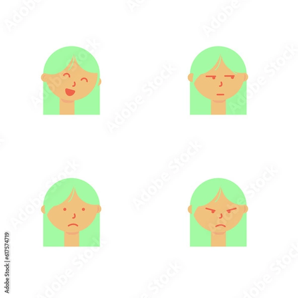 Fototapeta Woman's face with different emotions in flat style. Happy, sad, angry, smiling and amazed. set Illustration isolated on white background Vector. Facial expressions