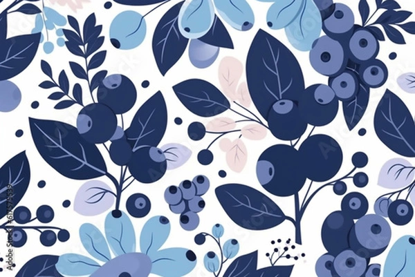 Fototapeta Blueberry and leaves pattern, in the style of anime aesthetic, clean and simple designs. Generative ai