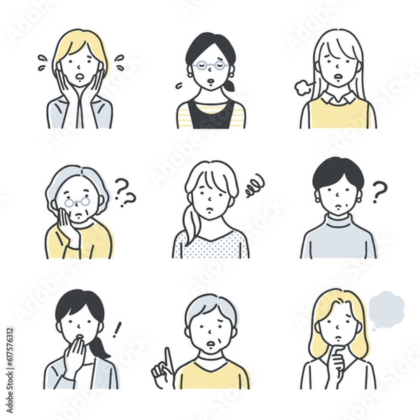 Obraz 様々な年代の女性のアイコンセット／ネガティブ