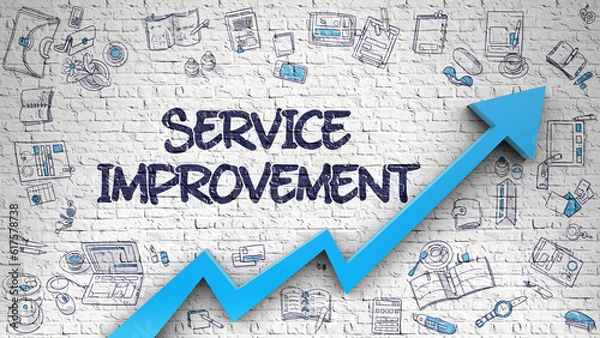 Fototapeta Service Improvement - Modern Line Style Illustration with Hand Drawn Elements. Service Improvement - Enhancement Concept. Inscription on White Wall with Doodle Design Icons Around. 3d.