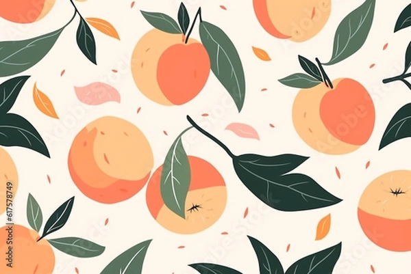 Fototapeta peach fruit and leaves pattern, in the style of anime aesthetic, clean and simple designs. Generative ai
