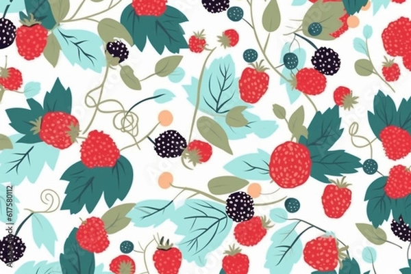 Fototapeta Raspberry and leaves pattern, in the style of anime aesthetic, clean and simple designs. Generative ai