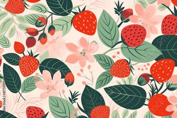 Fototapeta Strawberry and leaves pattern, in the style of anime aesthetic, clean and simple designs. Generative ai