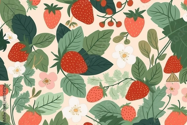 Fototapeta Strawberry and leaves pattern, in the style of anime aesthetic, clean and simple designs. Generative ai