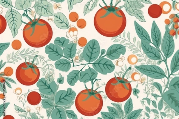 Obraz tomato and leaves pattern, in the style of anime aesthetic, clean and simple designs. Generative ai