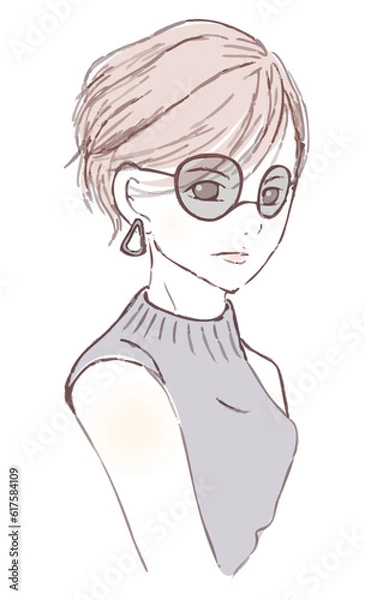 Obraz ボトルネックのノースリーブのサマーニットを着て　サングラスをかけた　上半身の若い女性　ニュアンスカラー