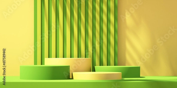 Fototapeta Product podium mockup display on green and yellow background with tree shadow,summer background,3D render illustration