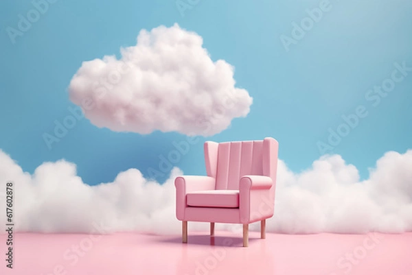 Fototapeta A chair beneath a dreamy sky with fluffy clouds against a pastel blue background creates a serene atmosphere, perfect for relaxation and daydreaming. Generative AI.