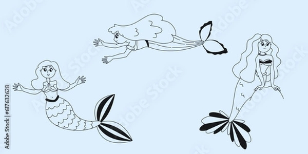 Fototapeta Set of different mermaids. Fairytale characters in outline style.