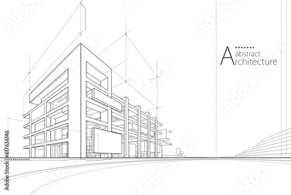 Fototapeta 3D illustration abstract modern urban building out-line black and white drawing of imagination architecture building construction perspective design. 