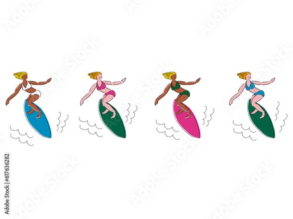 Obraz おしゃれなサーフィンをするブロンドヘアーのビキニを着た女性のセット