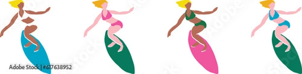 Obraz おしゃれなサーフィンをするブロンドヘアーのビキニを着た女性のセット