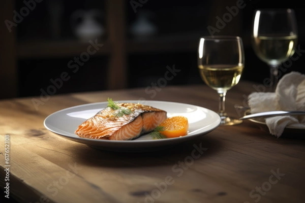 Fototapeta salmon steak on the dish with white wine on wood table