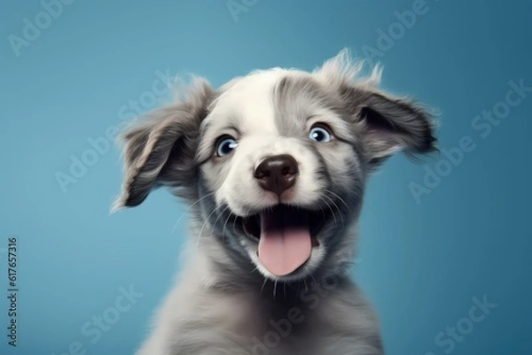 Fototapeta Portrait of puppy with shocked smiling face, funny face, close up photo on a colored background. Made with Generative AI