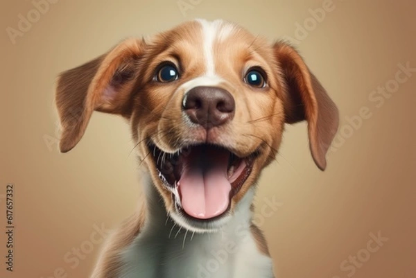 Fototapeta Portrait of puppy with shocked smiling face, funny face, close up photo on a colored background. Made with Generative AI