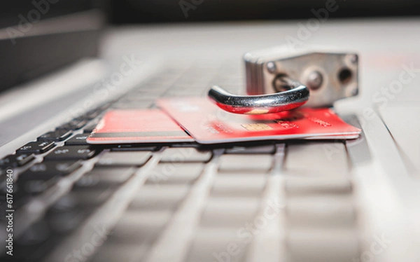 Fototapeta Credit card cyber security concept. Online vulnerability concept with credit card, Padlock on top of credit card on computer keyboard