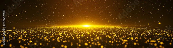 Fototapeta Banner gold particles with shining golden floor ground particle stars dust and flare abstract background.