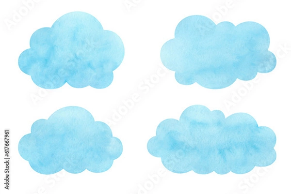 Fototapeta A set of watercolor, light blue clouds, speech bubbles of various shapes, isolated on a white background. Drawn by hand. Window for dialogue. Watercolor, texture spots. Element for design, decoration.