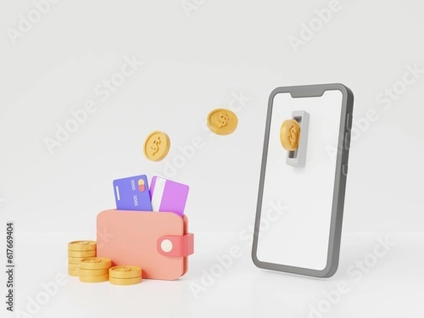 Obraz mobile banking concept.3D money transfer with wallet smartphone screen on white background.Money and financial concepts.Cash back and digital banking concept.Mobile payment.mobile application.