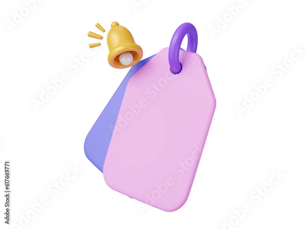 Obraz Pink discount coupon for online shopping with Bell notification and Empty copy space on white background.Online sales concept Profitable business.3D voucher gift mock up icon,discount card.3D render