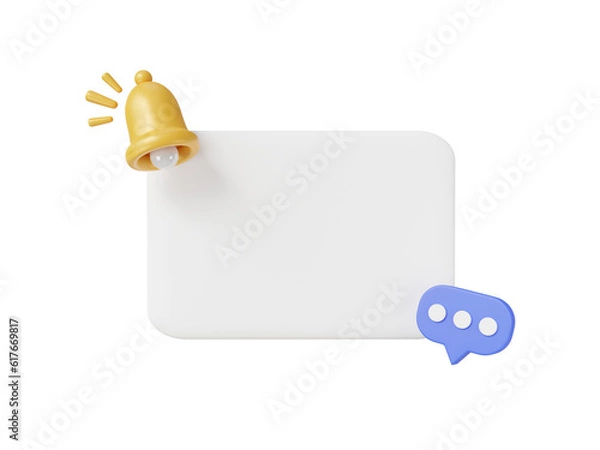 Obraz Bell notification messages and Empty Reminder popup icon on purple background.3D social media communication concept.Bell alarm with Speech bubble in chat box.New alert minimal concept.3D render