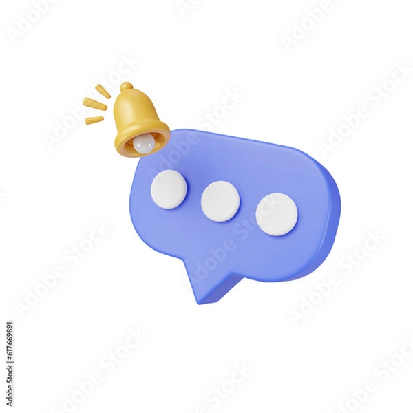 Obraz Bell notification and messages icon on purple background.3D social media communication concept.Bell alarm with Speech bubble in chat box.New alert minimal concept.3D render,Illustration.