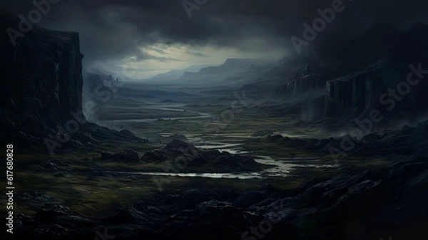 Fototapeta Dark fantasy landscape with stormy weather and forests and castles in prehistoric painting generative ai