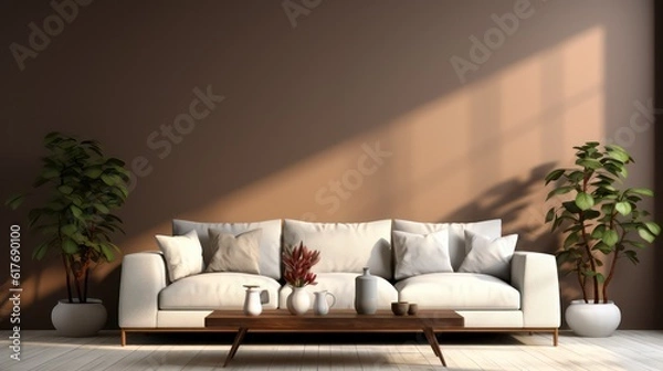 Fototapeta Modern interior design of living room with white sofa, coffee table, soft stucco wall. Created with generative AI.