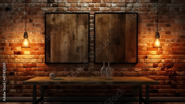 Fototapeta Poster and lamps over the brick Wall. Created with generative AI.