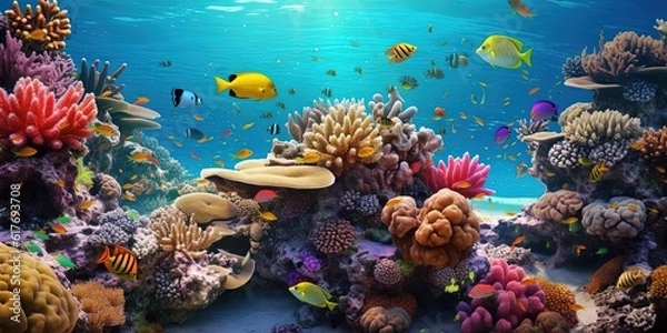 Fototapeta Coral reef with multicolored fishes, underwater view of detailed realistic ocean life in vivid colors
