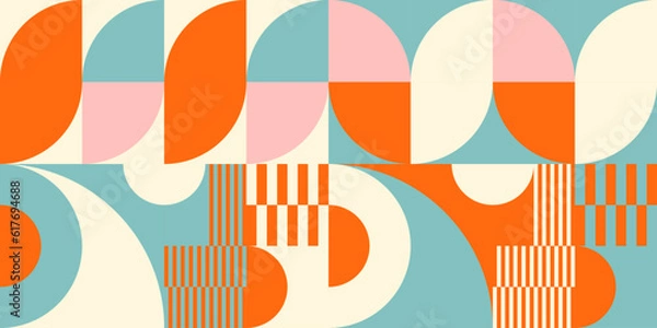 Fototapeta Retro geometric aesthetics. Bauhaus and avant-garde inspired vector background with abstract simple shapes like circle, square, semi circle. Colorful pattern in nostalgic pastel colors.