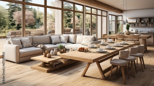 Fototapeta Interior design of modern scandinavian apartment, living room and dining room. Created with generative AI.