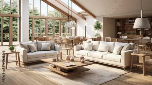 Fototapeta Interior design of modern scandinavian apartment, living room and dining room. Created with generative AI.