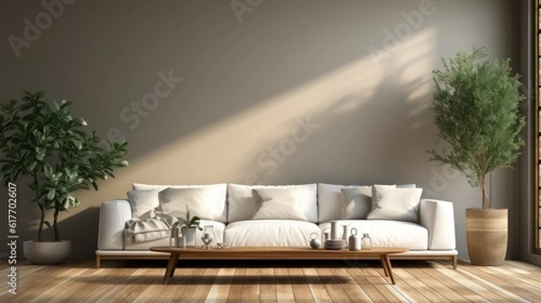 Fototapeta Modern interior design of living room with white sofa, coffee table, soft stucco wall. Created with generative AI.