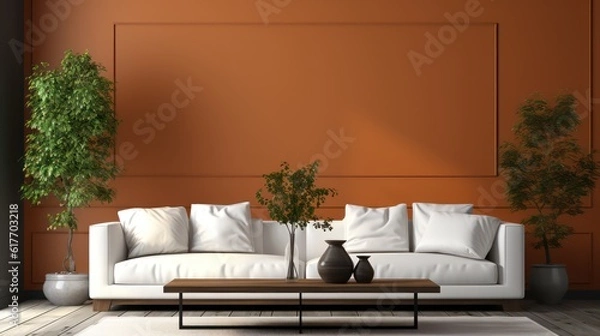 Fototapeta Modern interior design of living room with white sofa, coffee table, soft stucco wall. Created with generative AI.