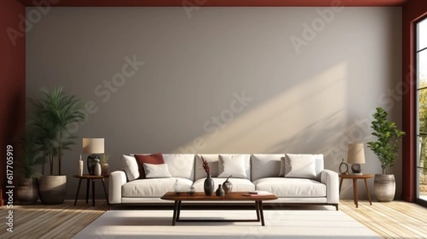 Fototapeta Modern interior design of living room with white sofa, coffee table, soft stucco wall. Created with generative AI.